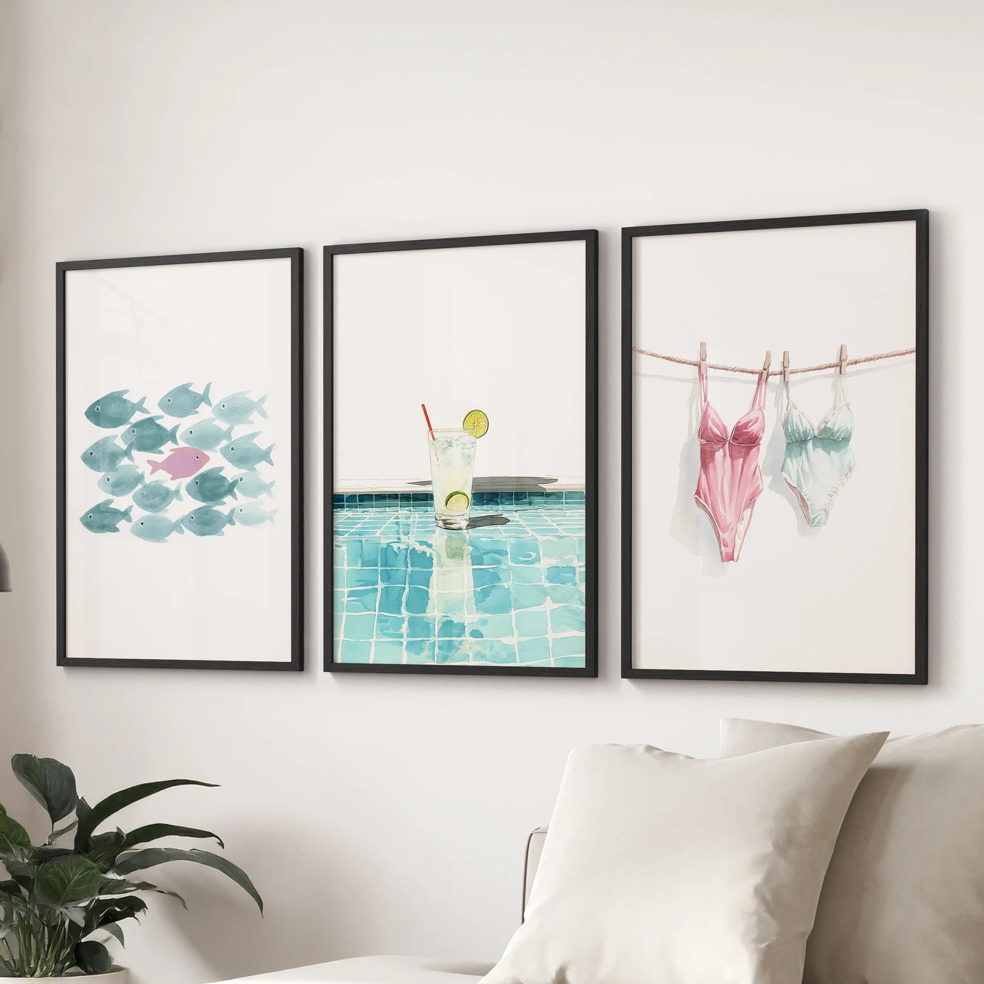 Pool party posters, a three-print wall art set in black frames, styled above the lounge sectional to splash the room with bright, summery color.