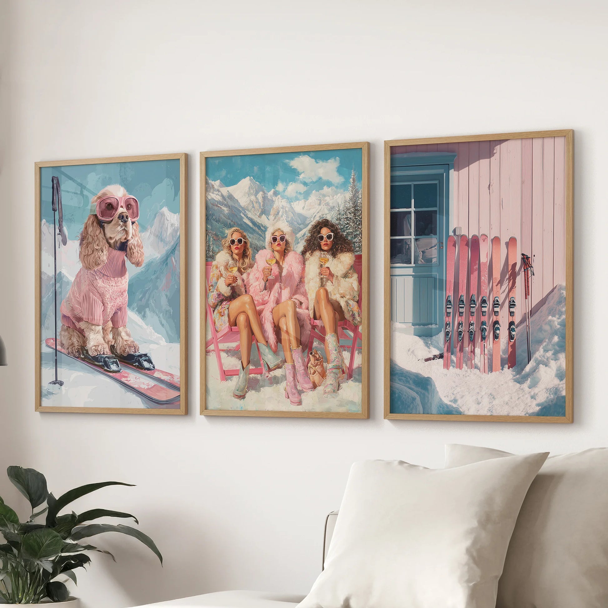 Preppy skiing posters, a three-piece wall art set in oak frames for the sitting room, styled to hang above the sectional with polished winter style.