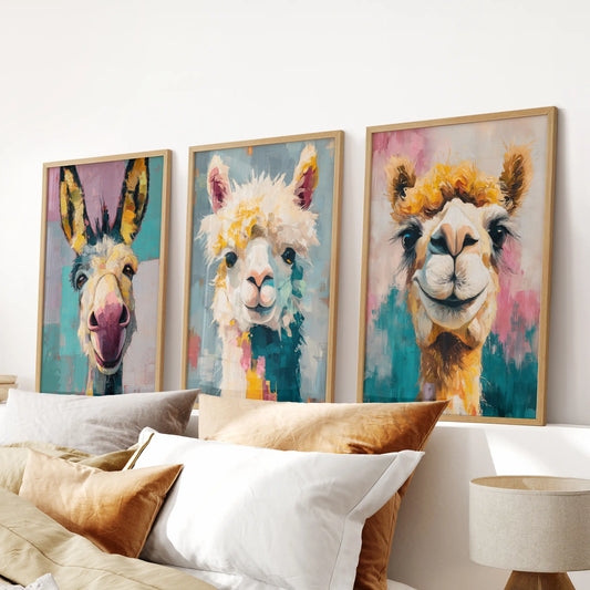 Colorful camel prints set of three pictures, oak framed, hangs over the bed and brings a sunny, travel-inspired palette to the bedroom.
