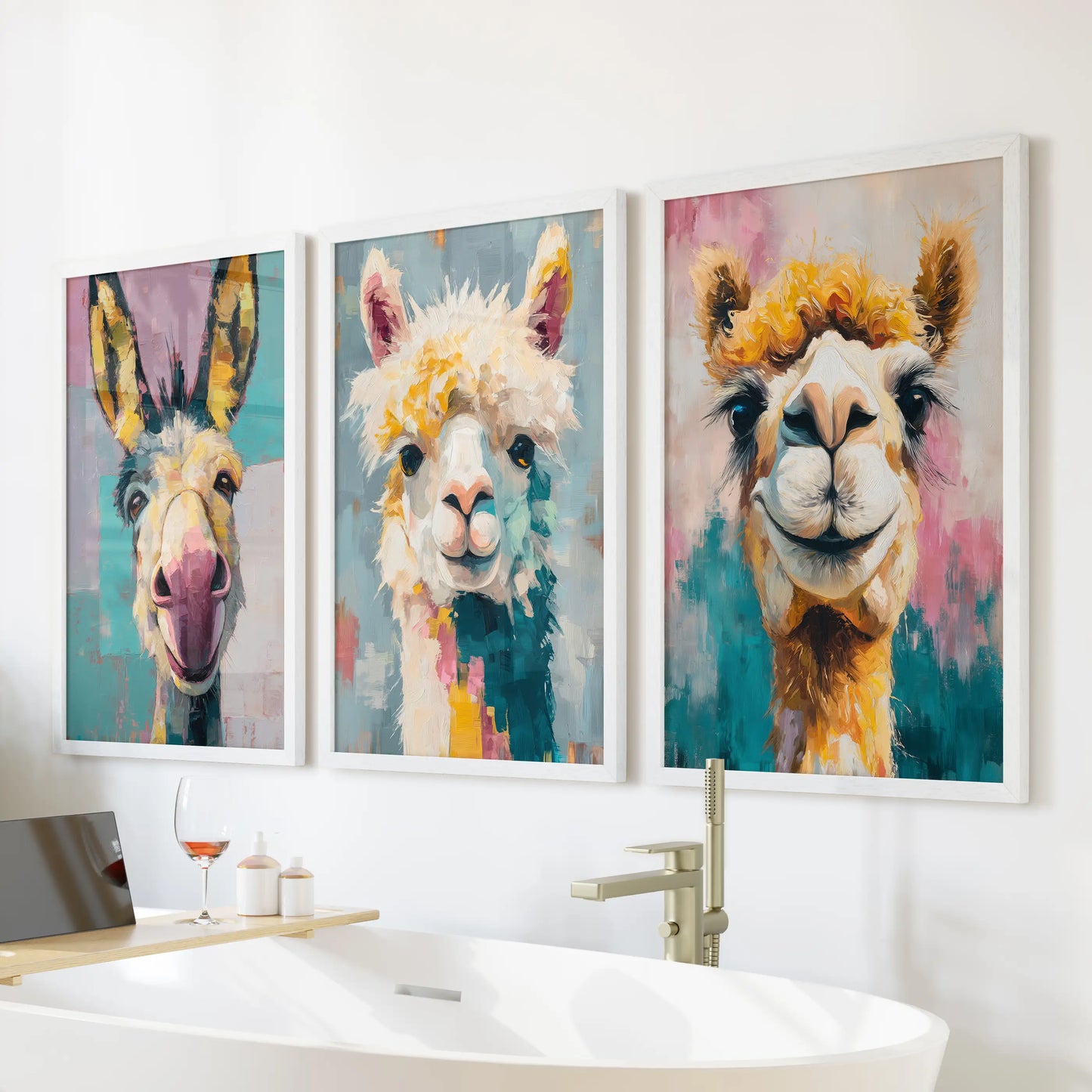 Camel, donkey, and llama trio three-piece art, white framed, brightens the wall over a freestanding tub to give the bathroom a fun, modern lift.