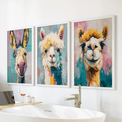 Camel, donkey, and llama trio three-piece art, white framed, brightens the wall over a freestanding tub to give the bathroom a fun, modern lift.