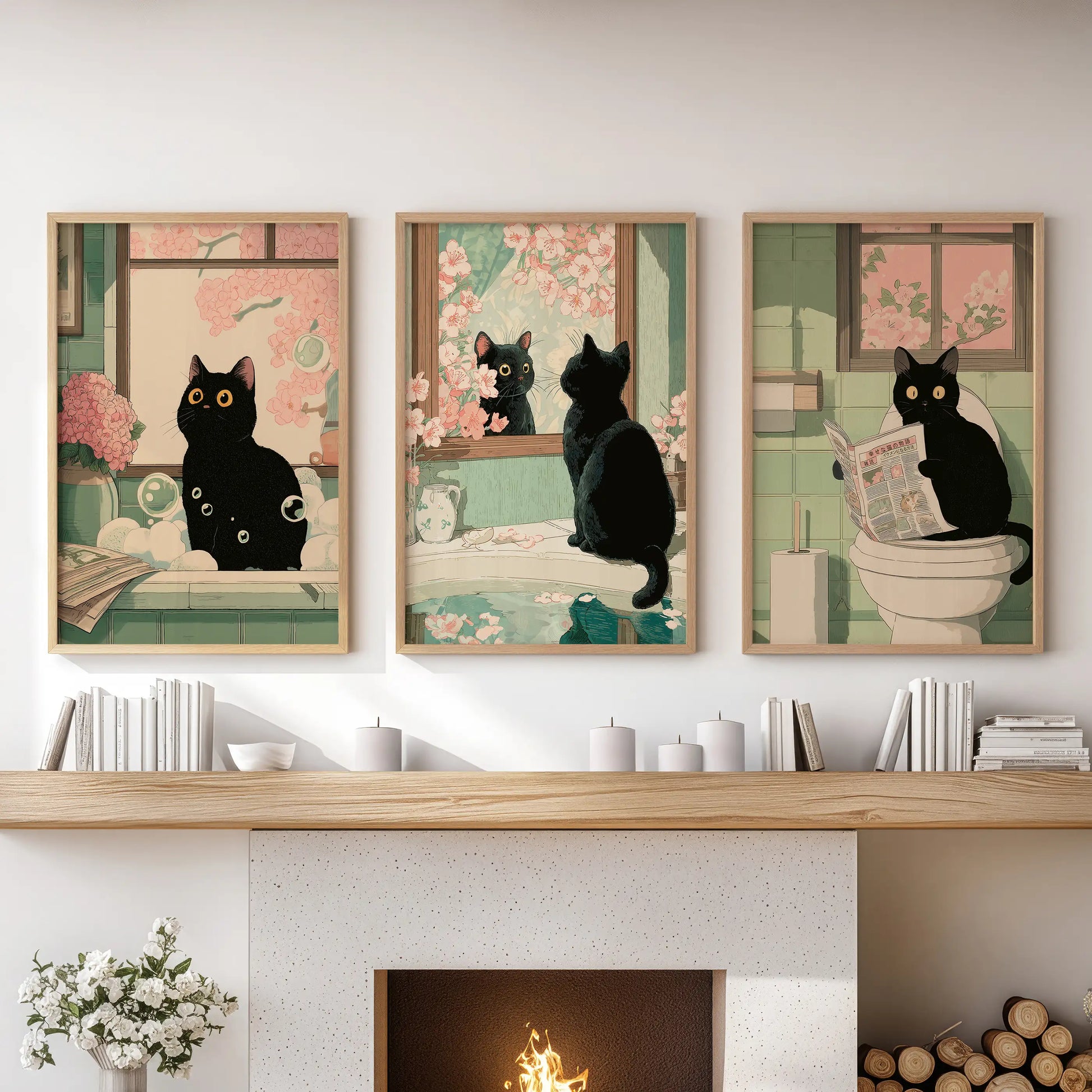 An art triptych of a black cat reading a newspaper, framed in thin wood, lends warmth and humor above the family room hearth.