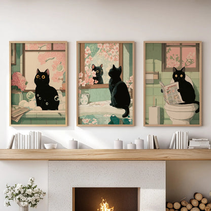 An art triptych of a black cat reading a newspaper, framed in thin wood, lends warmth and humor above the family room hearth.