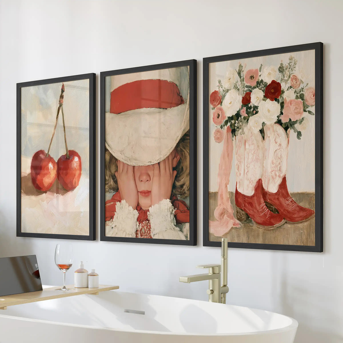 Floral cowgirl boots wall art trio in black frames adds playful charm to the bathroom, neatly centered over the freestanding tub.
