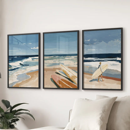A black-framed set of three coastal seascape prints stretches above the sectional, washing the lounge in soft tide-colored blues.