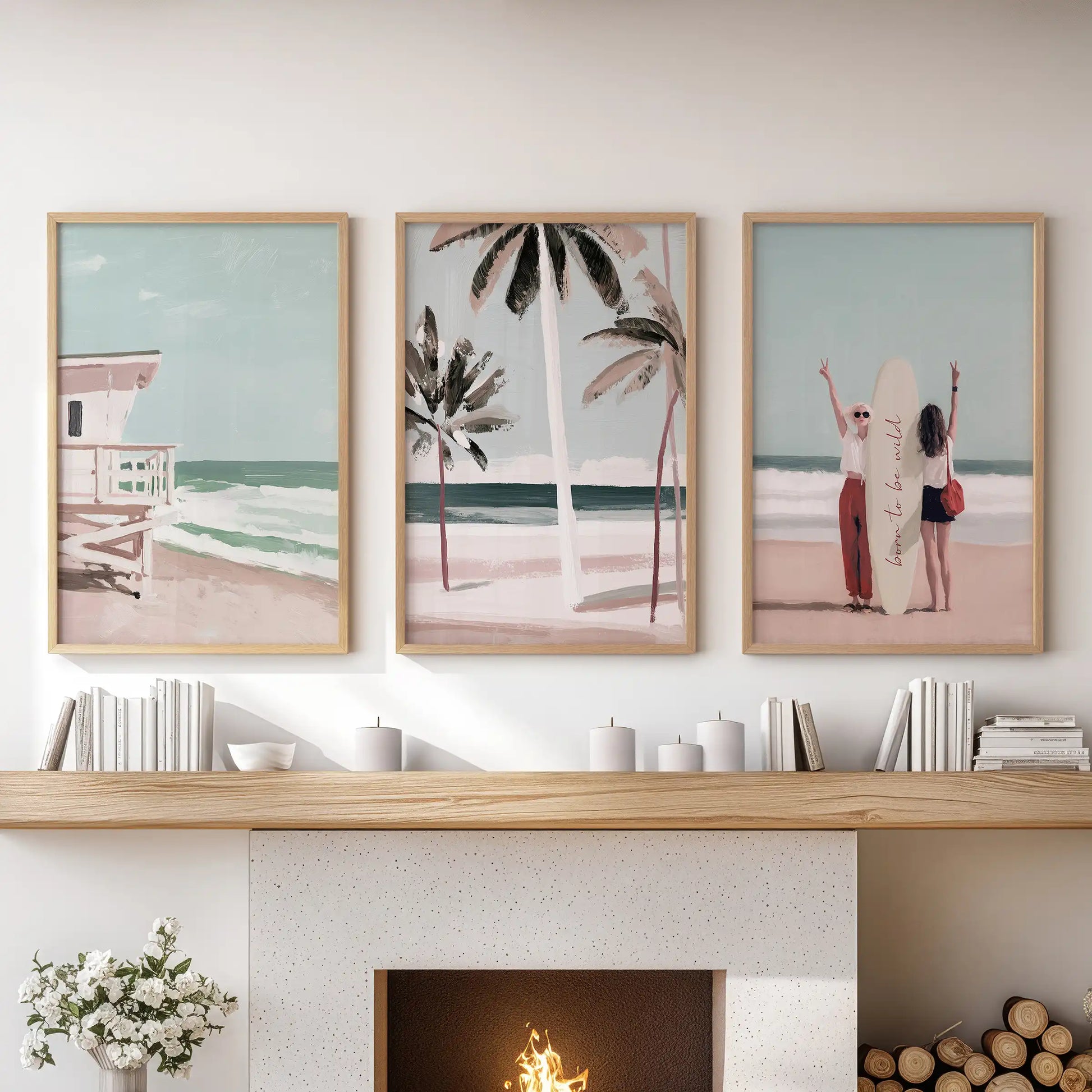 Sea-grass coastal dunes, a gallery wall of three prints, in warm oak wood frames styled over the hearth to soften and ground the family room.