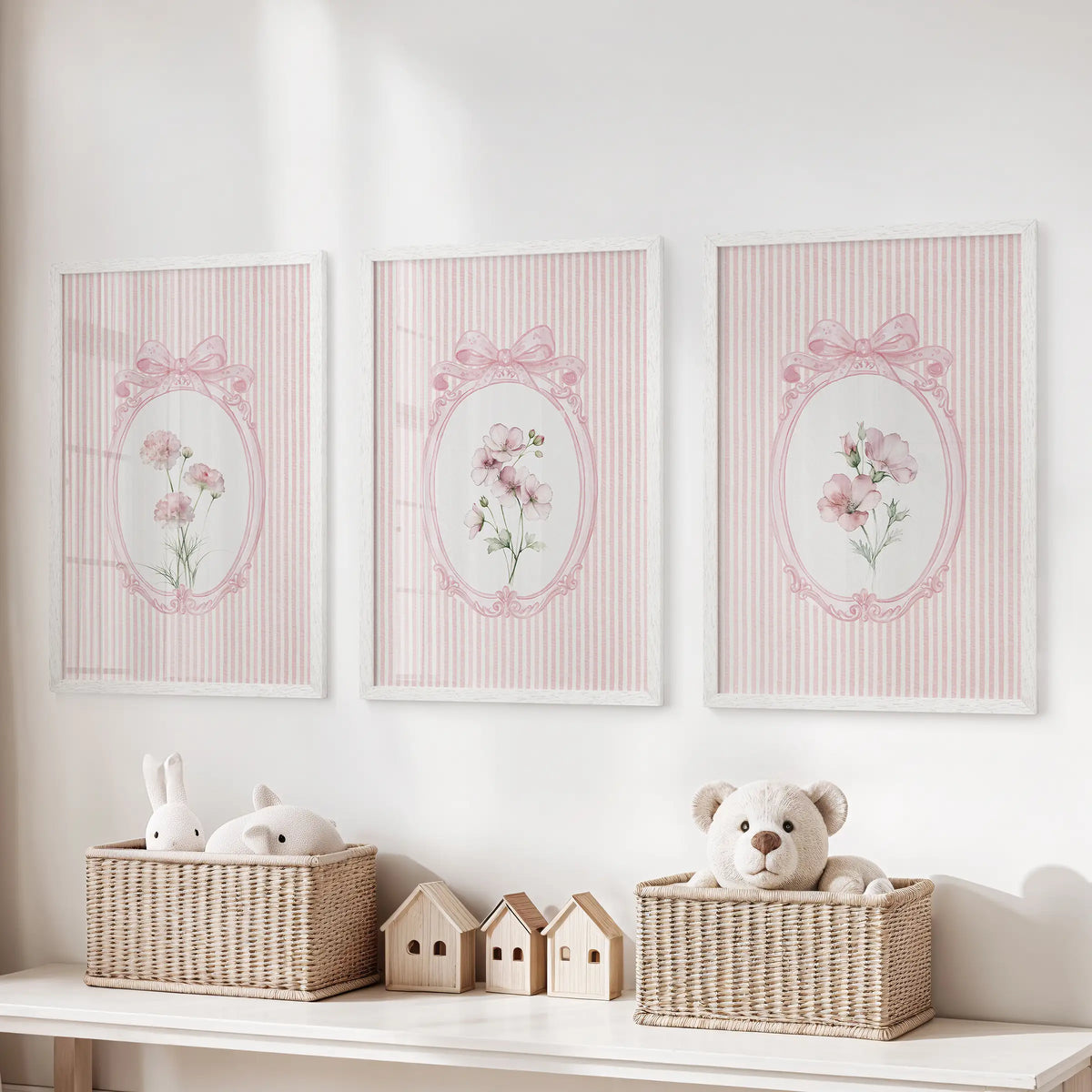 Three-piece poster set of retro botanical artwork in white frames above a toy organizer in the playroom.