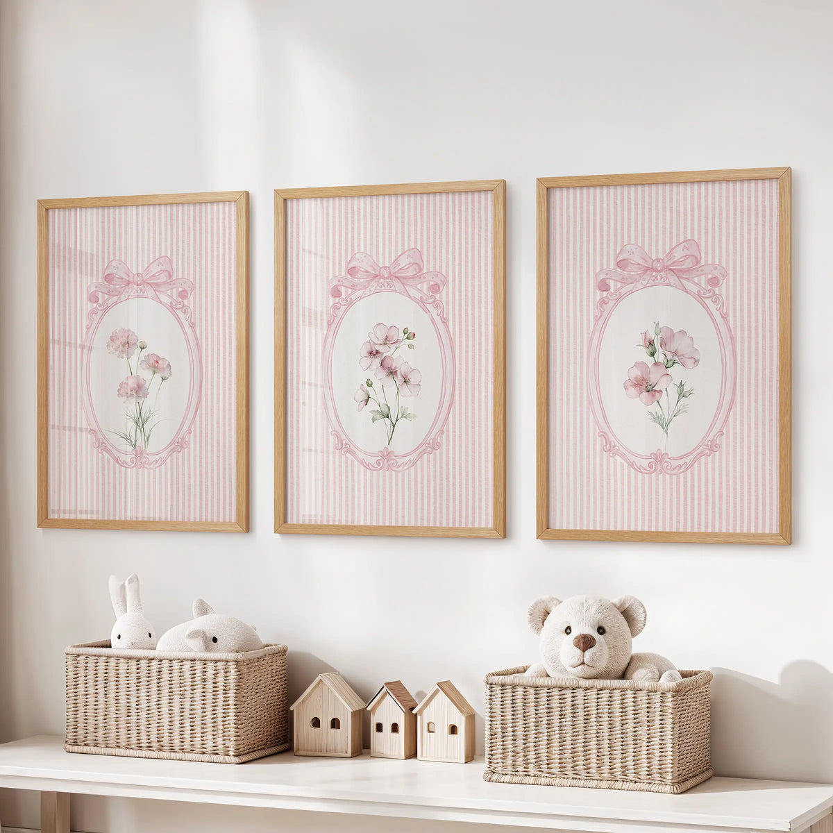 Three-piece retro botanical wall art set in wooden frames above a toy storage bench in the kids' room.