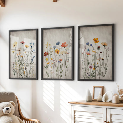 Boho floral prints, a three-print wall art set in black frames, styled to hang over the dresser in a cheerful kids playroom.