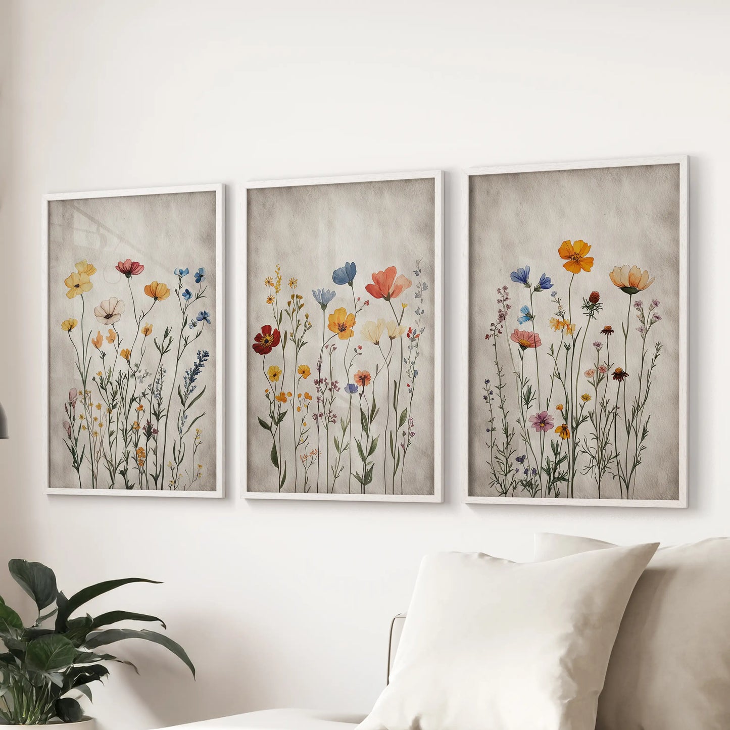 Retro botanical posters, a print set of 3 for the wall in crisp white frames, scaled to anchor the living room space behind the sofa.
