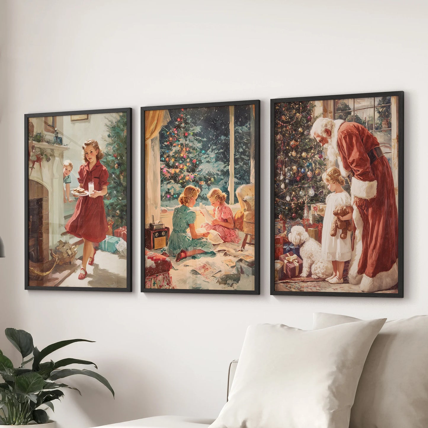 Watercolor Christmas village, a three-piece wall art set, makes a retro statement with black-framed prints in the lounge above the sofa.