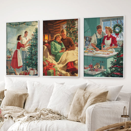Nostalgic vintage Christmas prints with holiday family moments. White frames over the couch.