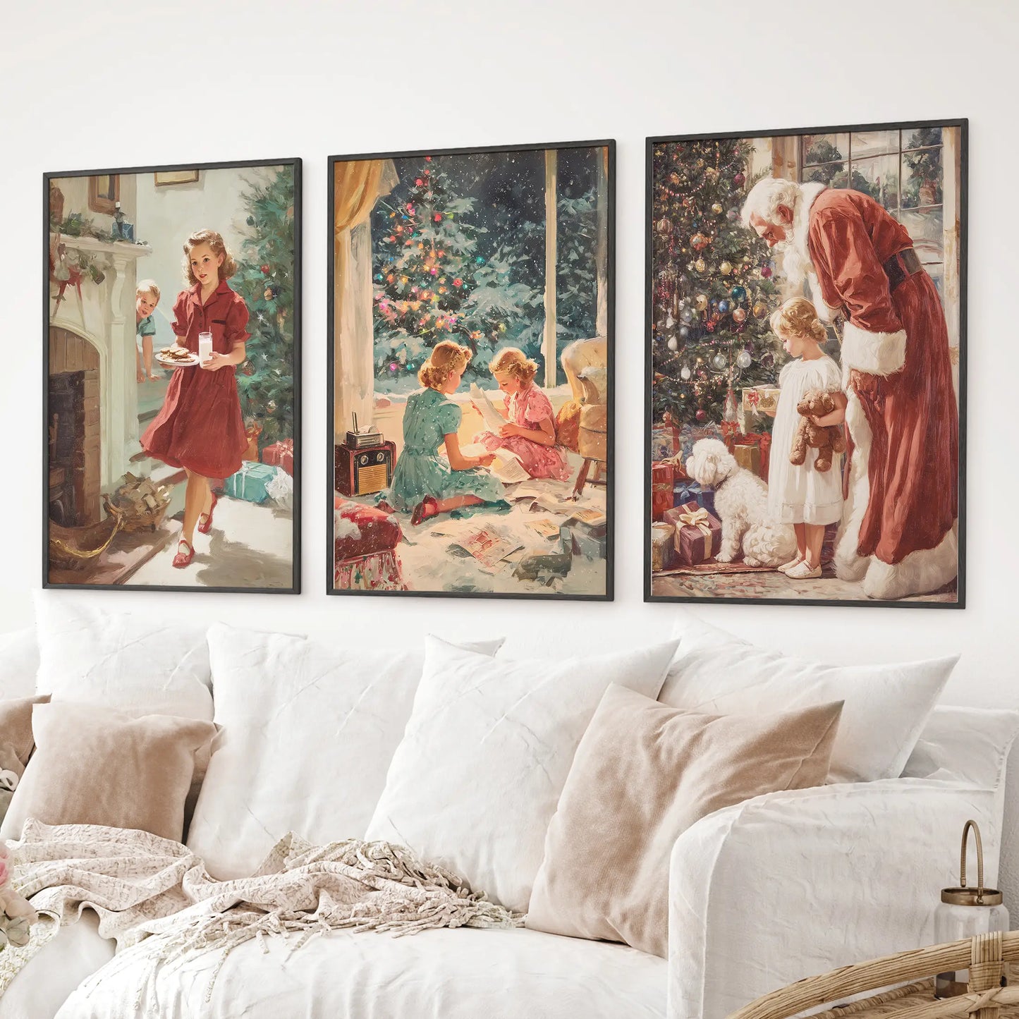 Vintage holiday prints in warm retro style – perfect for Christmas decorating. Black frames for living room.