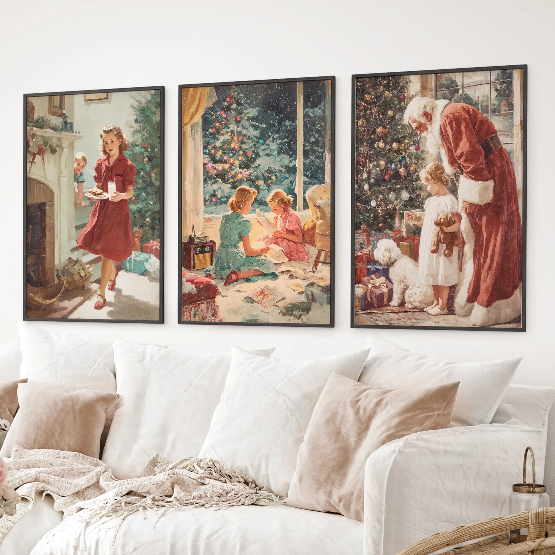 Vintage holiday prints in warm retro style – perfect for Christmas decorating. Black frames for living room.