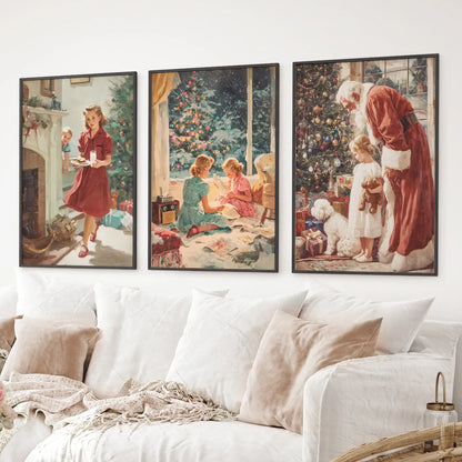 Vintage holiday prints in warm retro style – perfect for Christmas decorating. Black frames for living room.