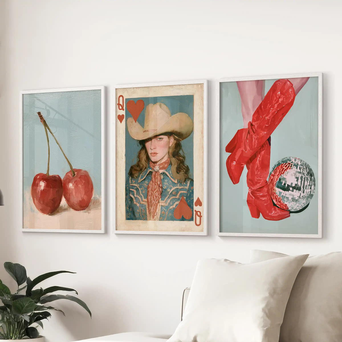 A three-piece retro cowgirl wall art set in slim white frames rides above the couch, adding sunlit throwback charm to the family room.