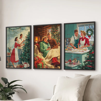 Family Christmas art, 3 piece wall decor, black framed, anchor the living room behind the sofa with a warmly nostalgic holiday look.