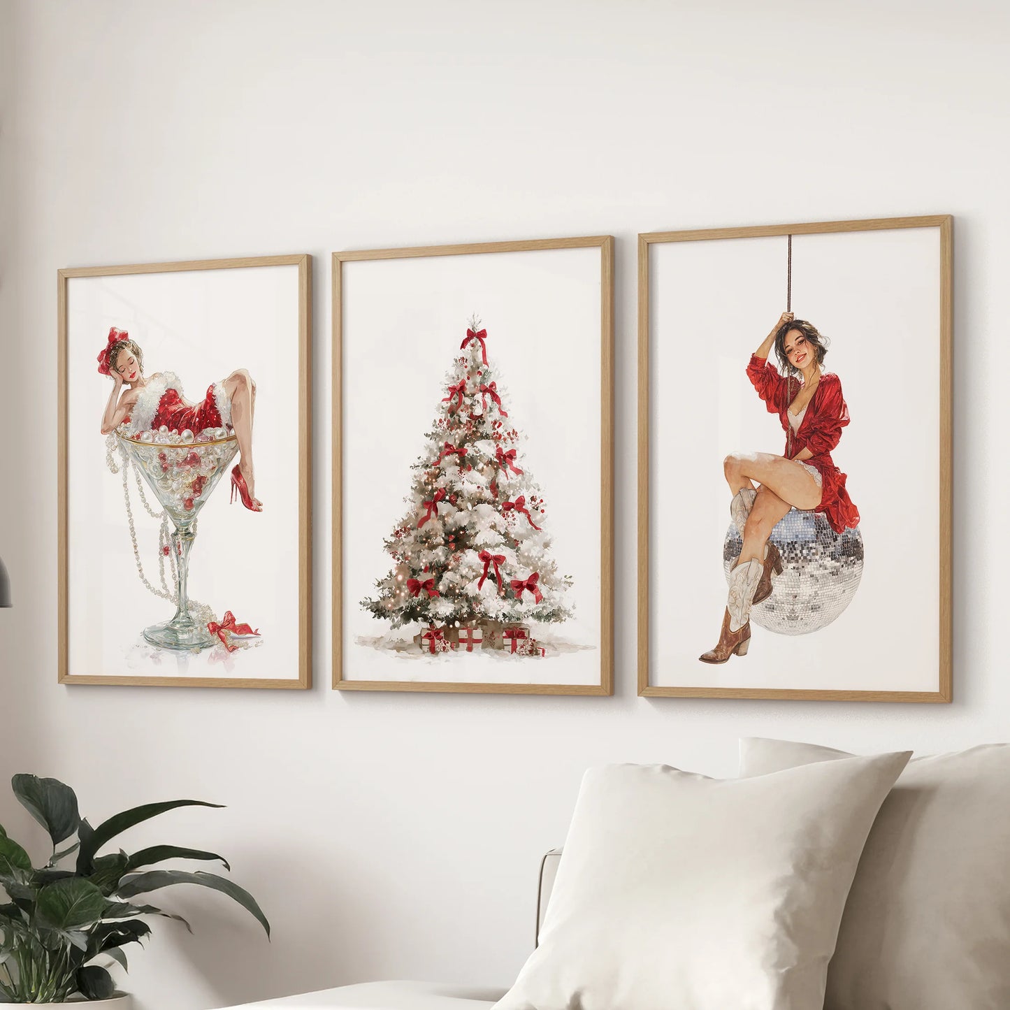 Retro Mrs Claus wall art, a gallery of 3 prints, creates a nostalgic focal point in the lounge when hung over the sofa in light oak frames.