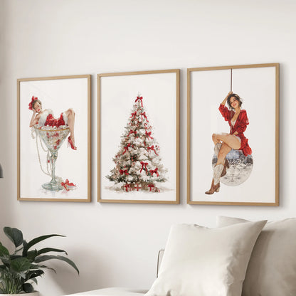 Retro Mrs Claus wall art, a gallery of 3 prints, creates a nostalgic focal point in the lounge when hung over the sofa in light oak frames.