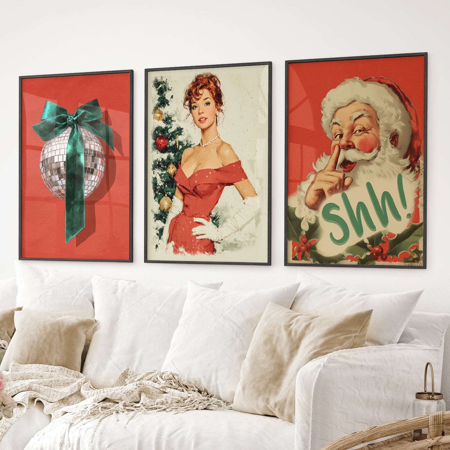 Festive vintage holiday prints – 3-piece Christmas wall art set. Black frames above the sofa.