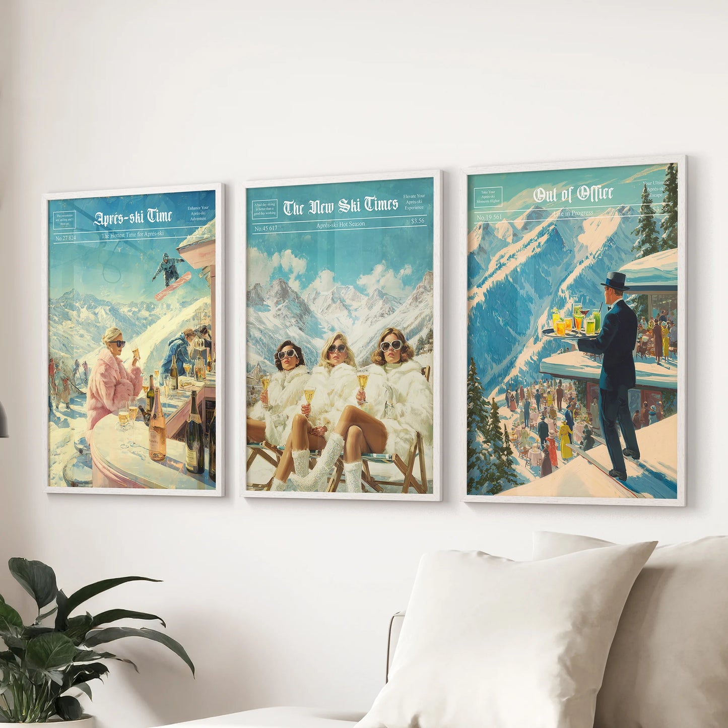 Three framed posters of a ski resort scene on a wall above a sofa.