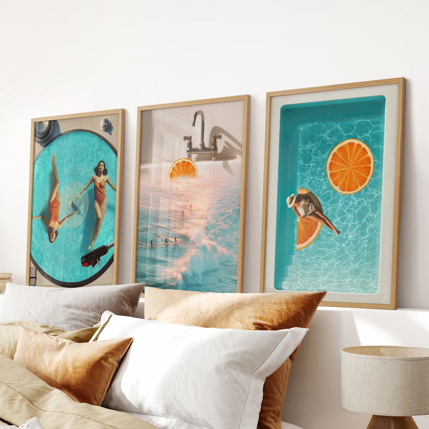 Funky music-inspired prints, a three-print set, rest in oak wood frames above the bedroom headboard, mixing retro summer notes with soft coastal hues.
