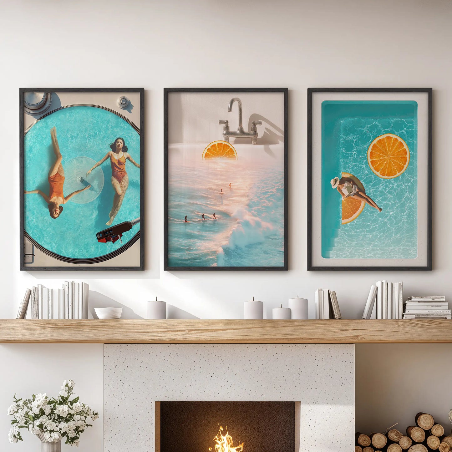 Modern ocean wave art prints, a three-piece wall decor set, make a bold stripe of color with black framed pieces above the living room fireplace mantel.