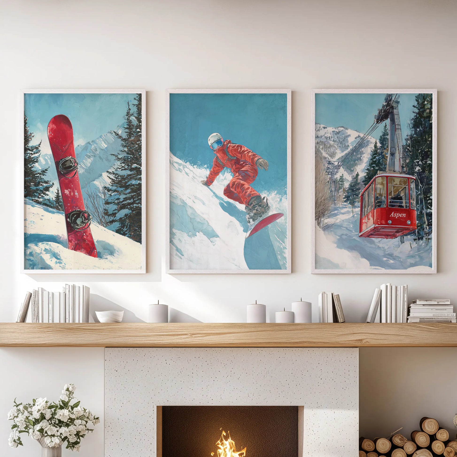 Three ski lift art prints in airy white frames hang above the sitting room hearth, echoing classic resort charm.