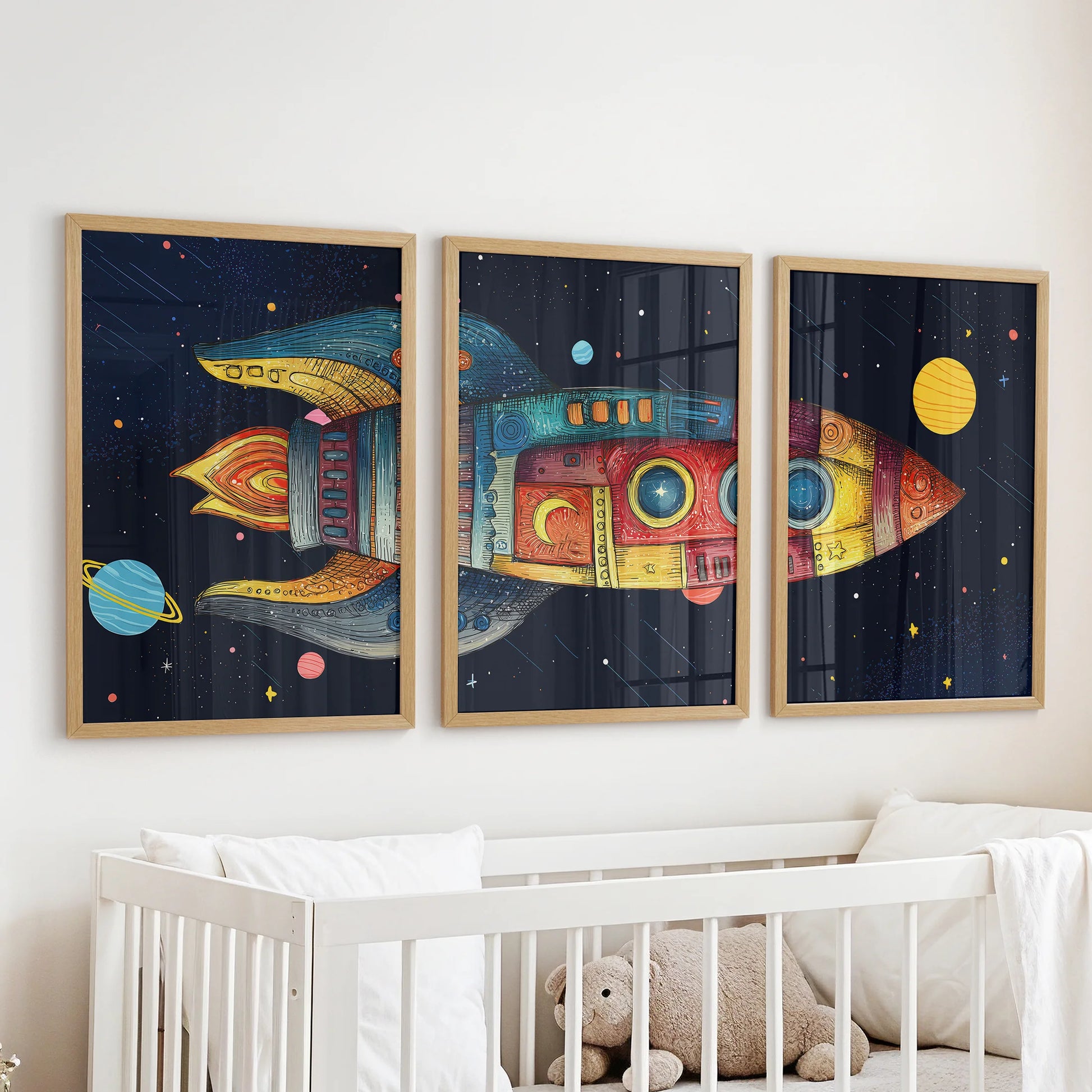 Kids room gallery—rocket blasting through space across three panels with planets around.
