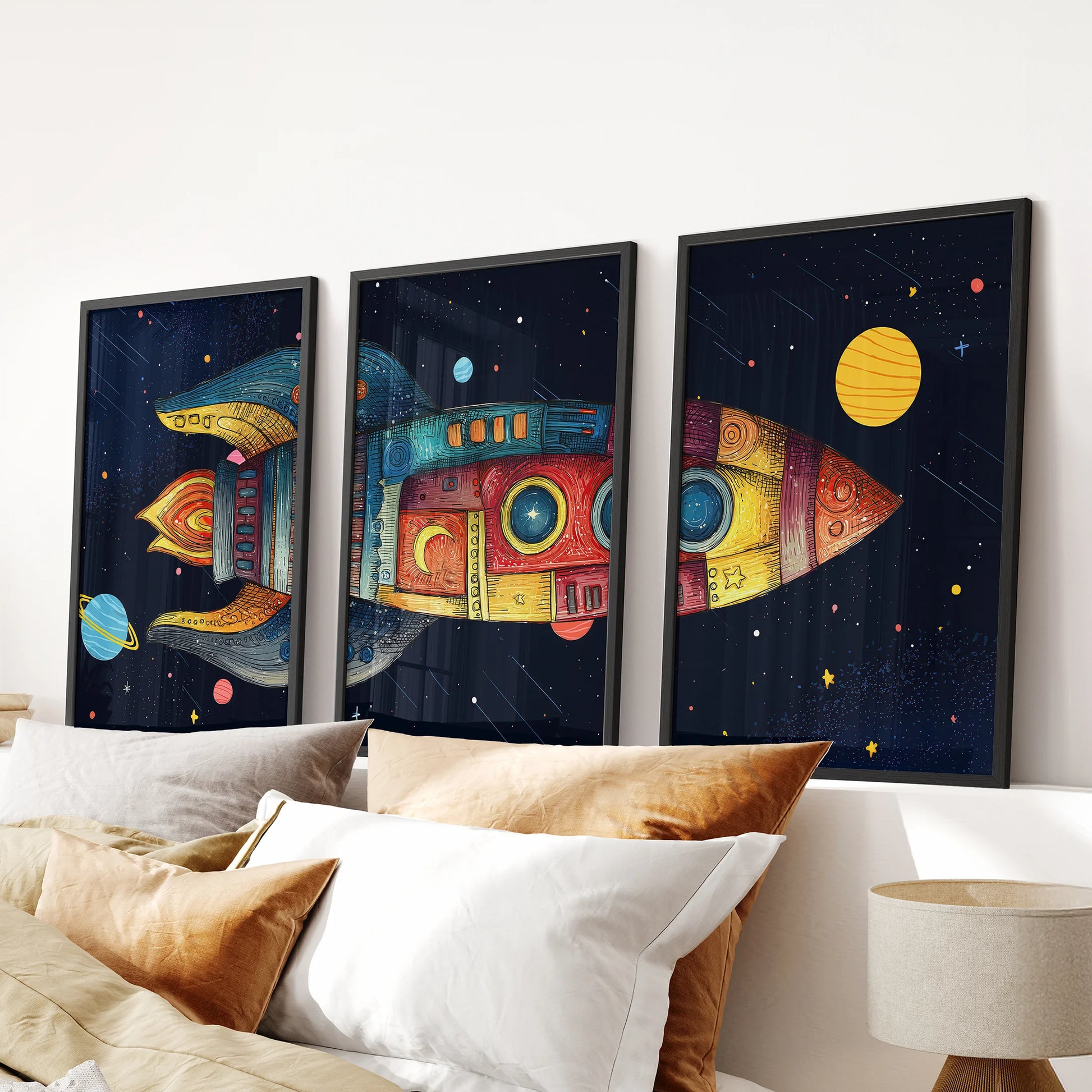 Rocket ship wall art set of three with deep navy background and stars, framed in black.