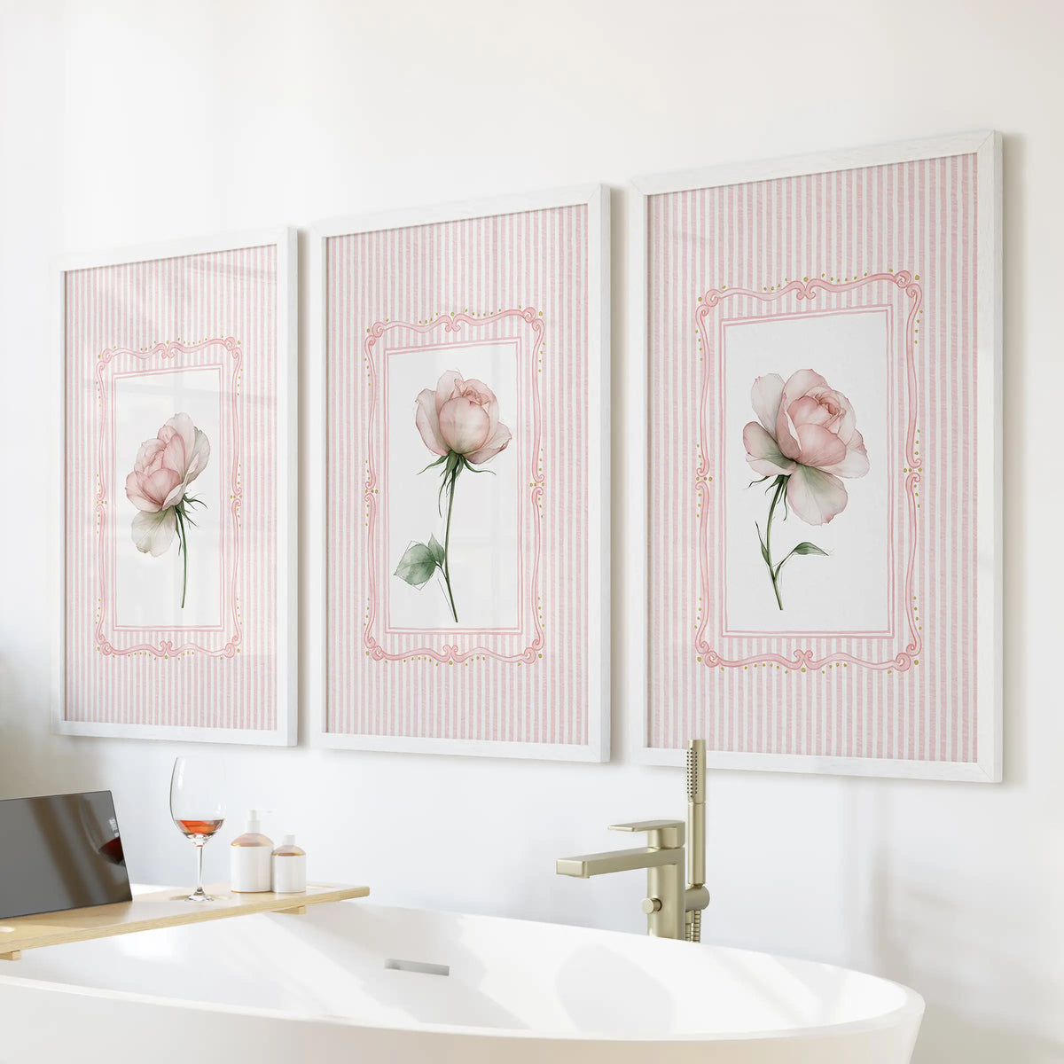 Three vintage floral wall art prints in white frames, arranged above the tub in a bathroom.