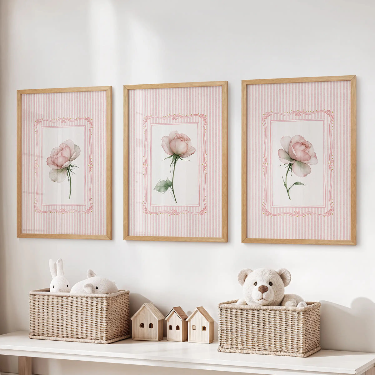 Three-print floral bouquet gallery wall in thin wood frames, arranged over a storage bench in the playroom.