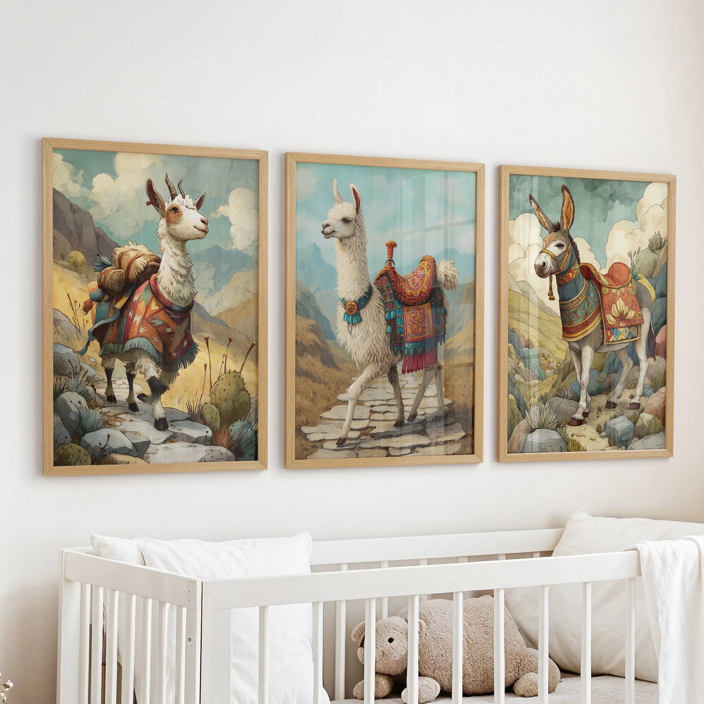 A gentle farmhouse feel fills the nursery with this 3-piece Peruvian farm animal print set, natural wood frames resting quietly above the cot.