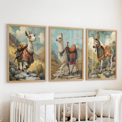 A gentle farmhouse feel fills the nursery with this 3-piece Peruvian farm animal print set, natural wood frames resting quietly above the cot.