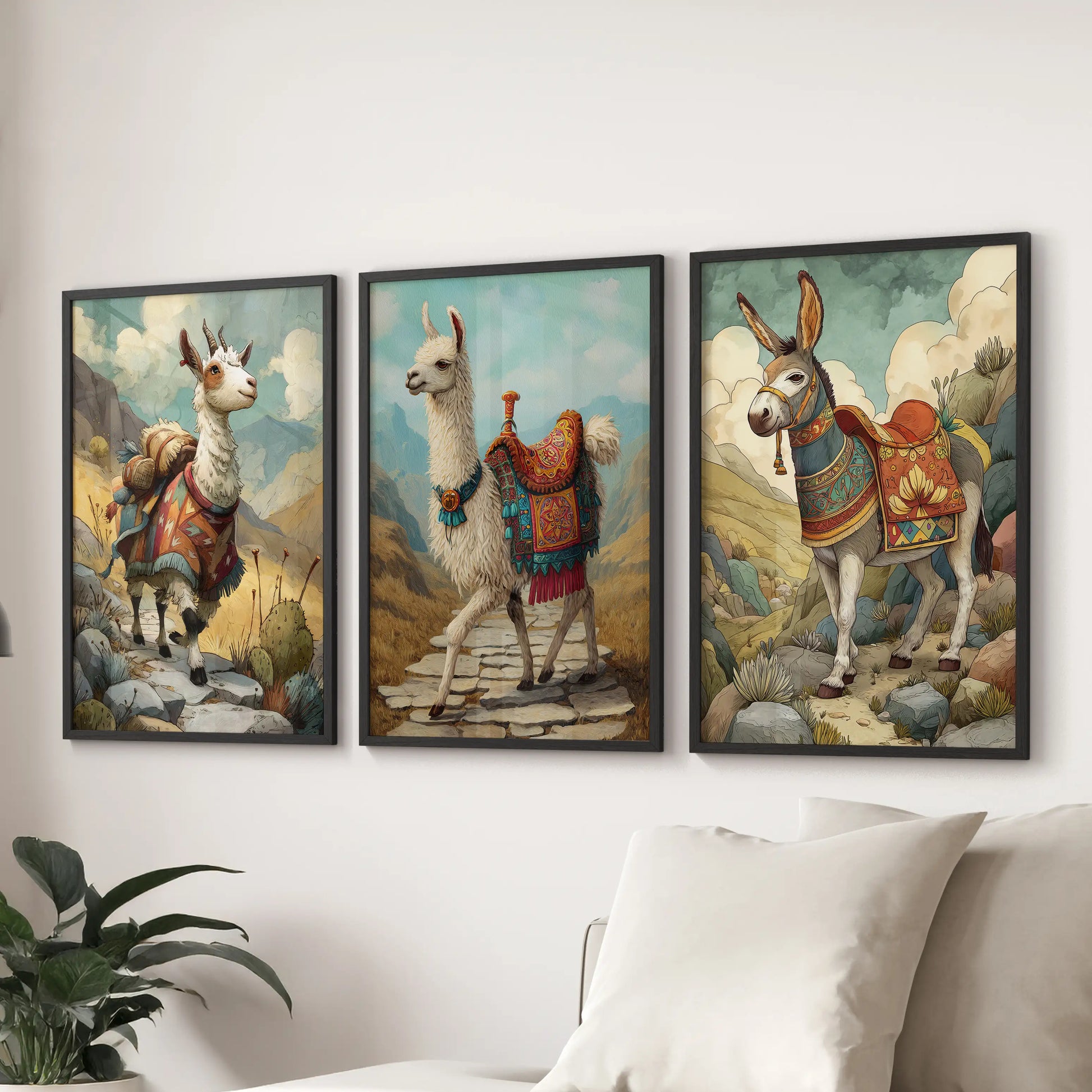 Donkey posters, set of three, hang in sleek black frames behind the sofa, giving the family room a warm farmhouse note with gentle, expressive portraits.