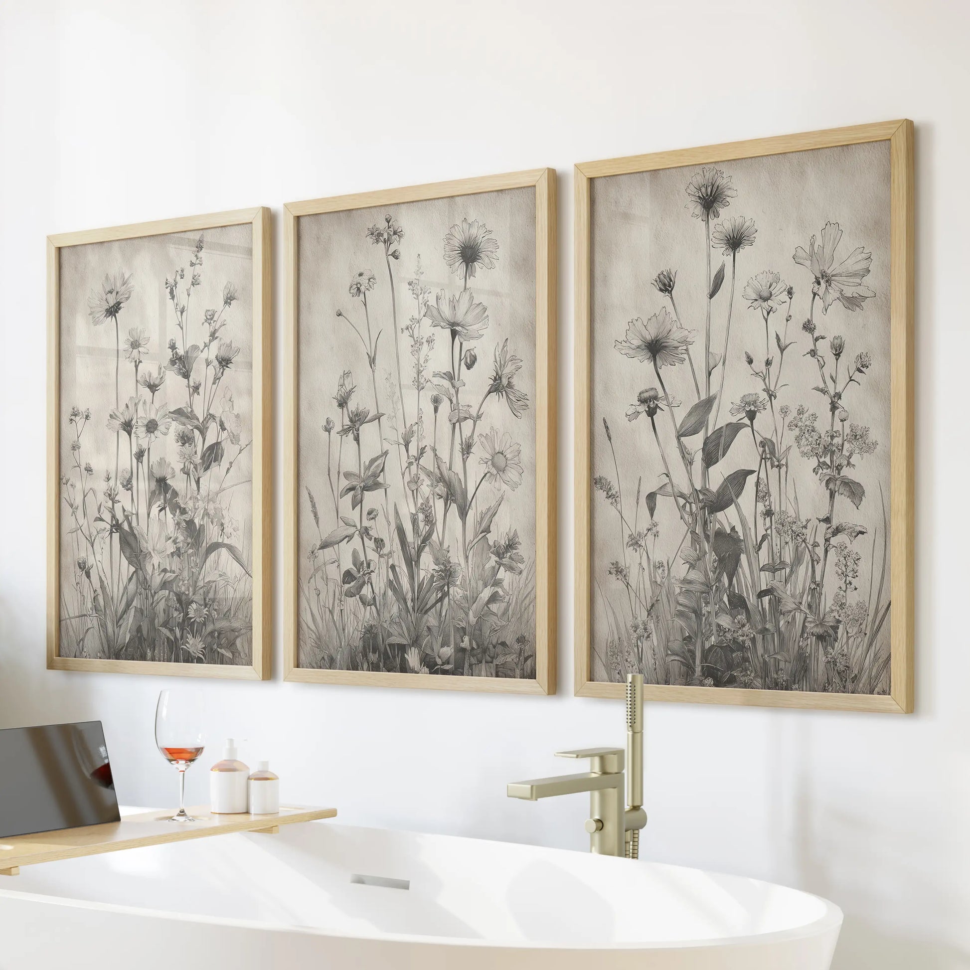 Minimalist floral sketches, a three-piece wall art collection in light wood frames, bring airy warmth to the bathroom over the bath.