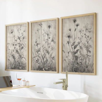 Minimalist floral sketches, a three-piece wall art collection in light wood frames, bring airy warmth to the bathroom over the bath.