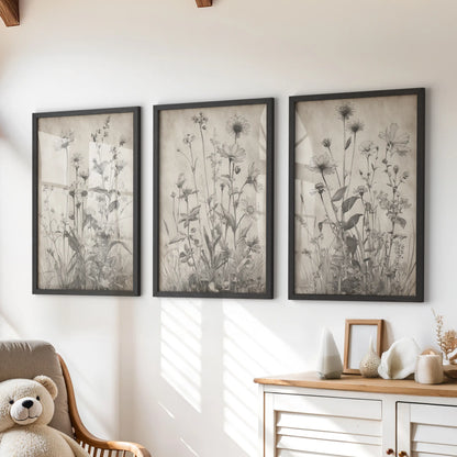 Vintage botanical prints, a three-piece wall art set in black frames, add soft, rustic character to a kids room over the chest of drawers.