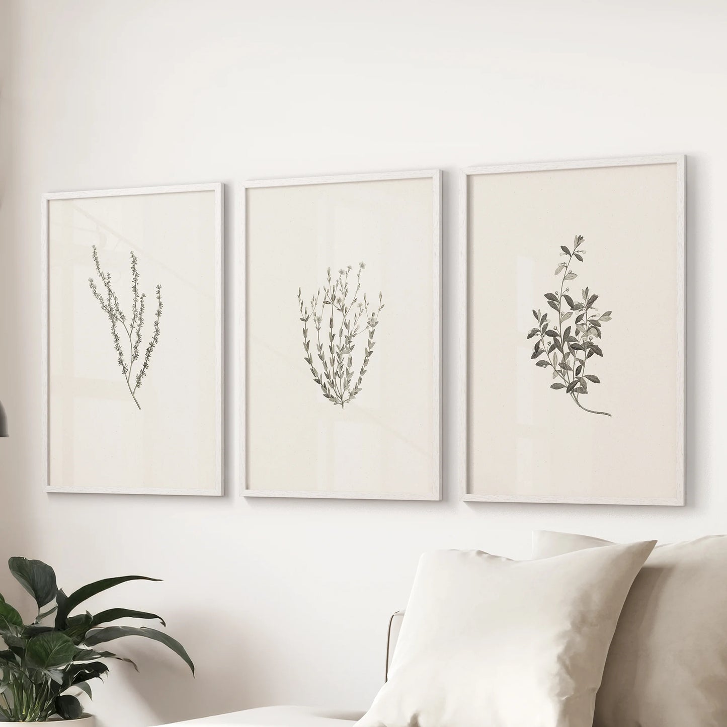 Calming nature art set of three in white framed prints anchors the lounge over the sofa, blending rustic charm with a clean, modern layout.