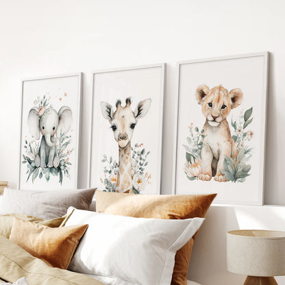 Animal friends art prints in a 3-piece set, crisp in white frames and tailored for the bedroom wall above the headboard.