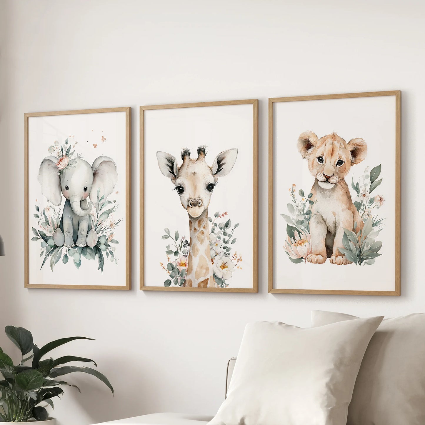 Animal friends  kids wall decor three-print wall set in oak frames, a warm focal point for the sitting room positioned over the couch.