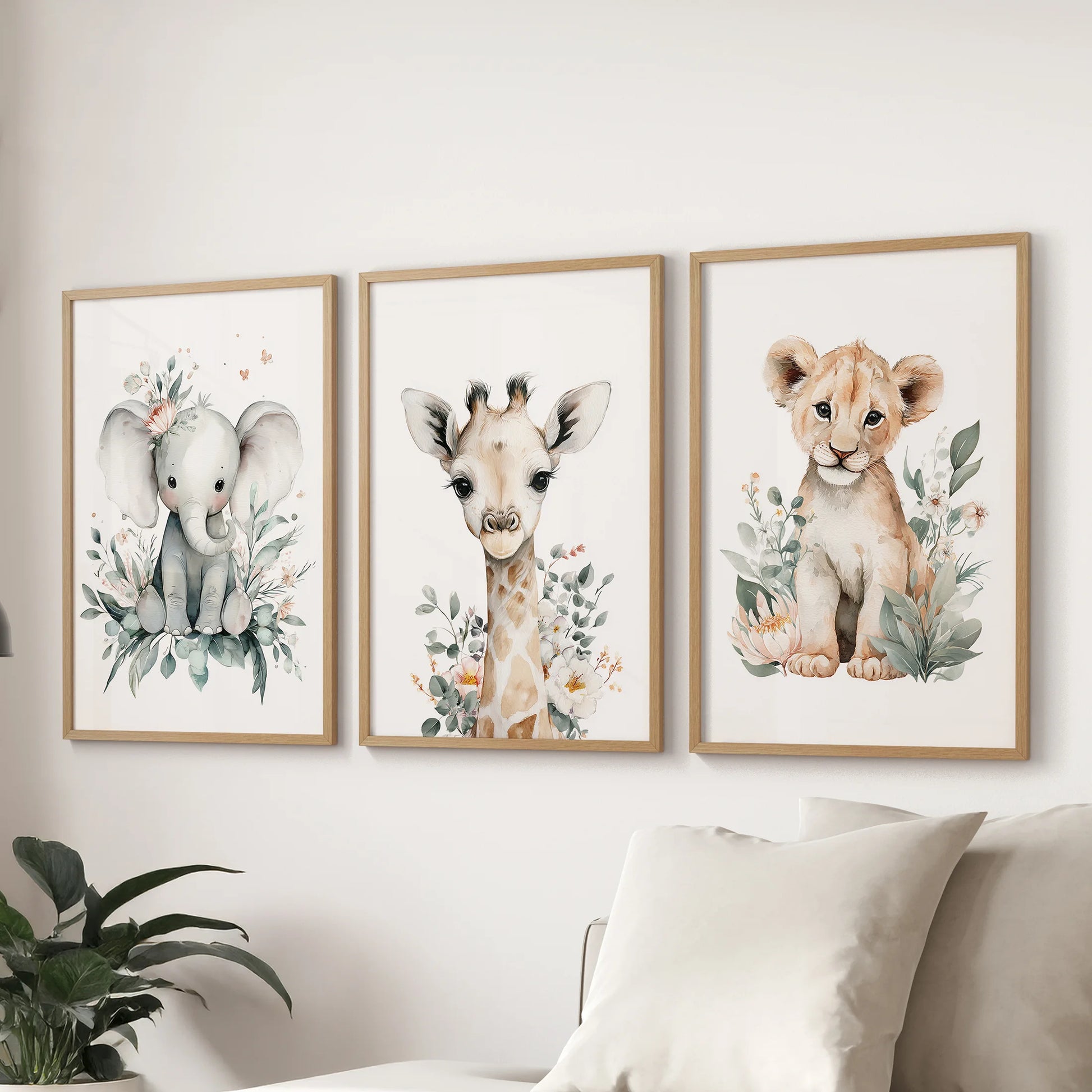 Animal friends  kids wall decor three-print wall set in oak frames, a warm focal point for the sitting room positioned over the couch.