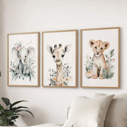 Animal friends  kids wall decor three-print wall set in oak frames, a warm focal point for the sitting room positioned over the couch.