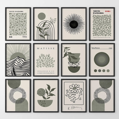 Abstract line and botanical artwork in earthy green and beige tones. Black frames for office.