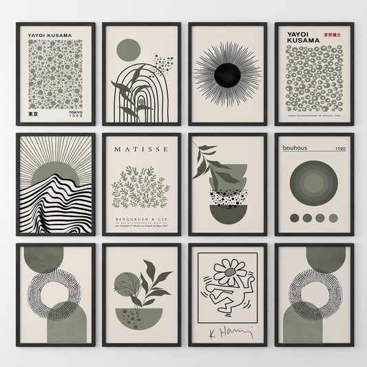 Abstract line and botanical artwork in earthy green and beige tones. Black frames for office.