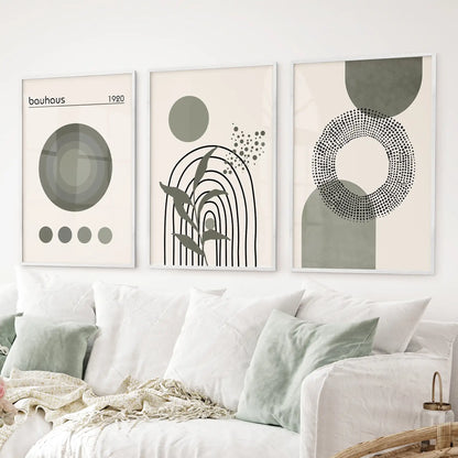 Sage green poster trio in white frames, Bauhaus-inspired wall art with Matisse vibe