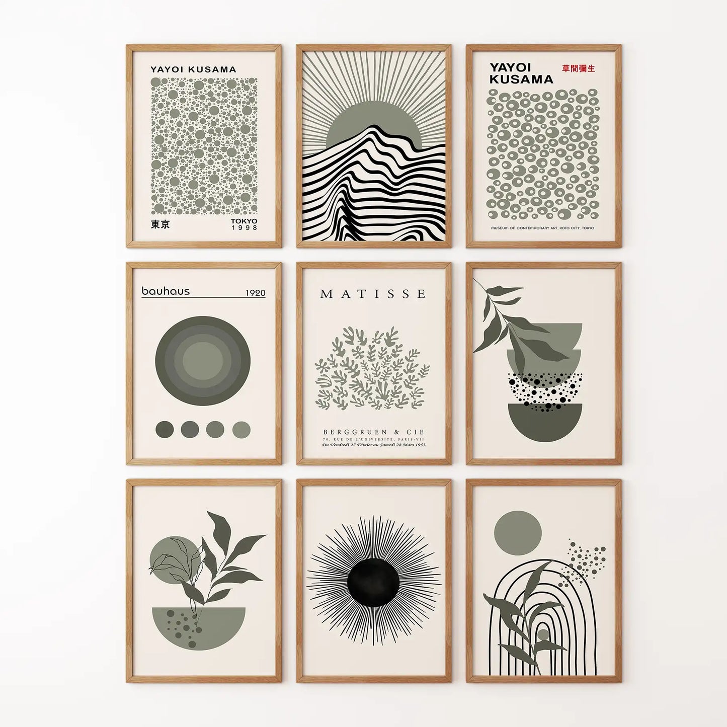 Set of 9 abstract wall art prints in neutral tones featuring Bauhaus, Matisse, and Yayoi Kusama designs. Thinwood frames for bedroom.