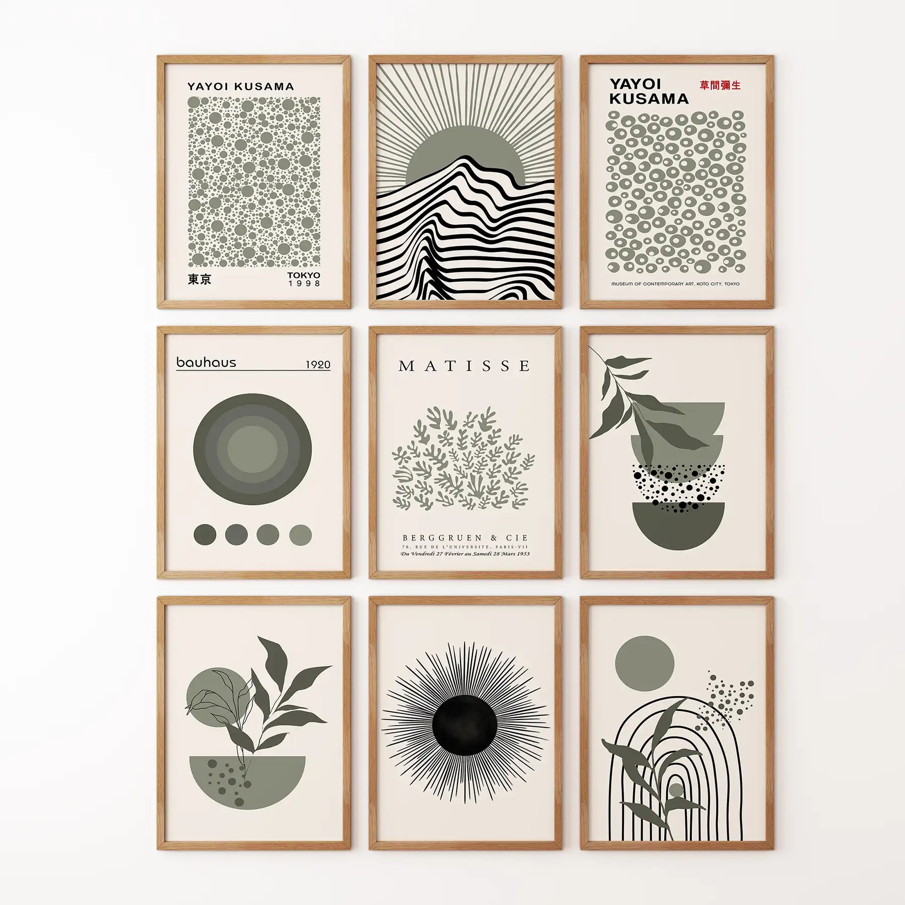 Set of 9 abstract wall art prints in neutral tones featuring Bauhaus, Matisse, and Yayoi Kusama designs. Thinwood frames for bedroom.