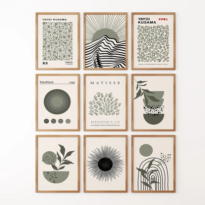 Set of 9 abstract wall art prints in neutral tones featuring Bauhaus, Matisse, and Yayoi Kusama designs. Thinwood frames for bedroom.