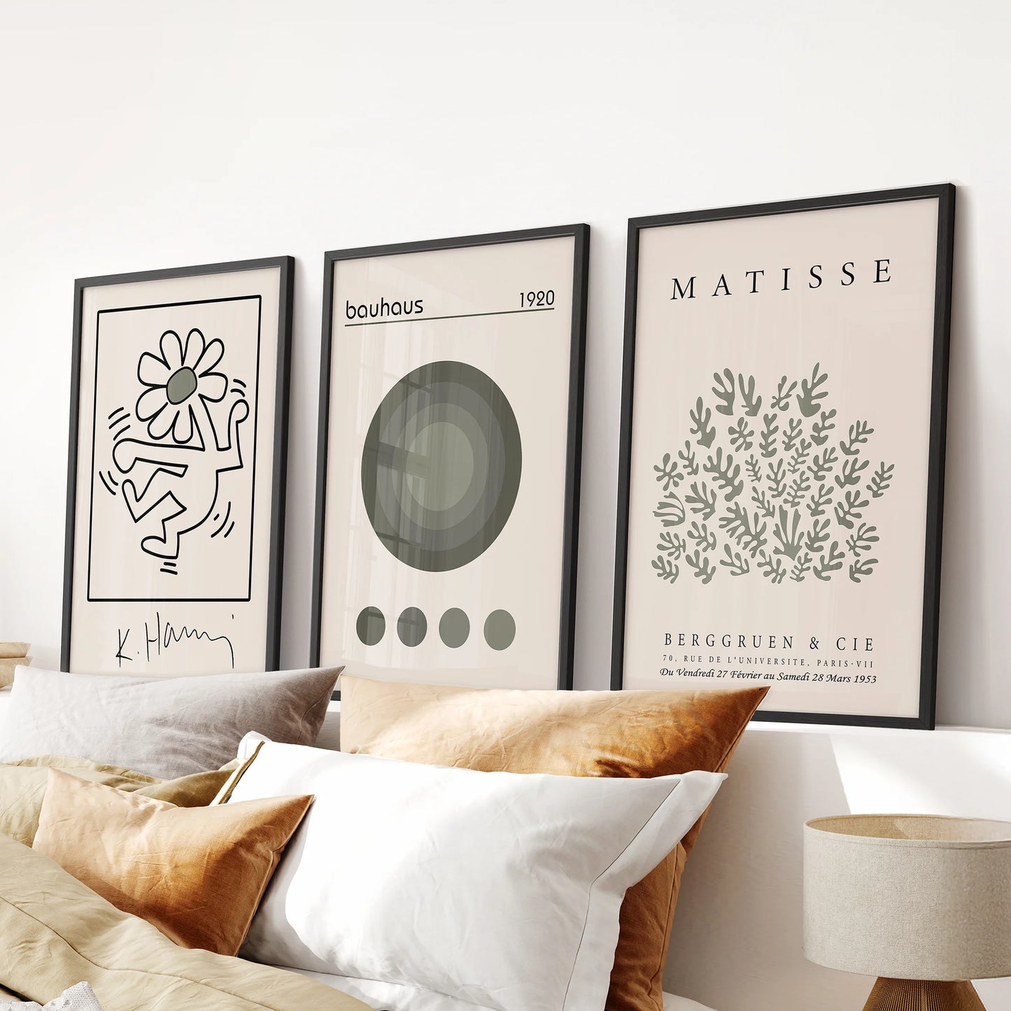 Sage green exhibition posters, 3-piece wall art set for a bedroom, black-framed and sized to hang over the bed for a calm, modern focal point.